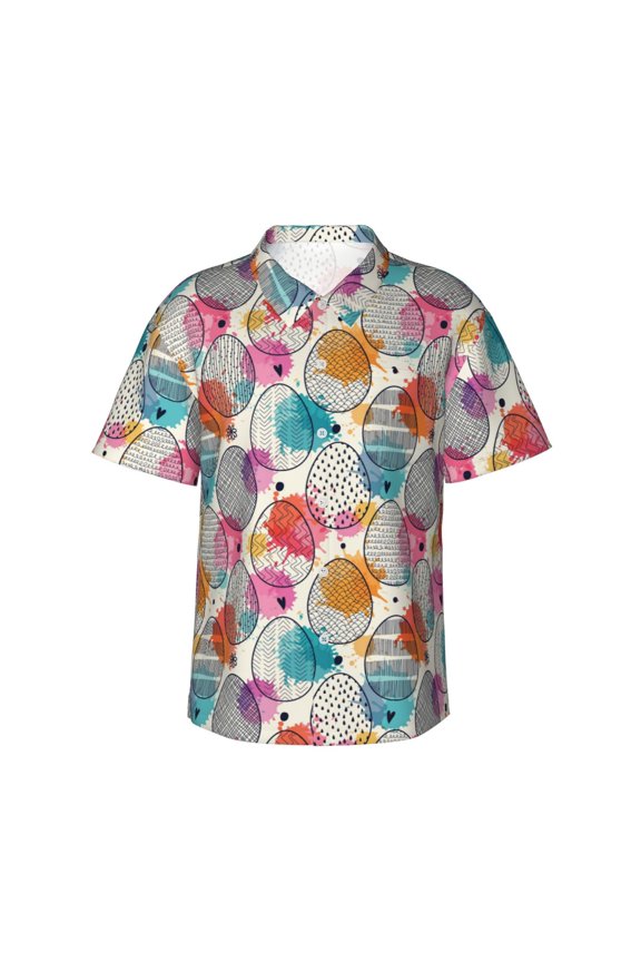 Easter Egg Print Mens Hawaiian Shirts,Loose-Fit Short Sleeve Button Down Tropical Aloha Beach Shirt,Summer Vacation Wedding Tops,Medium