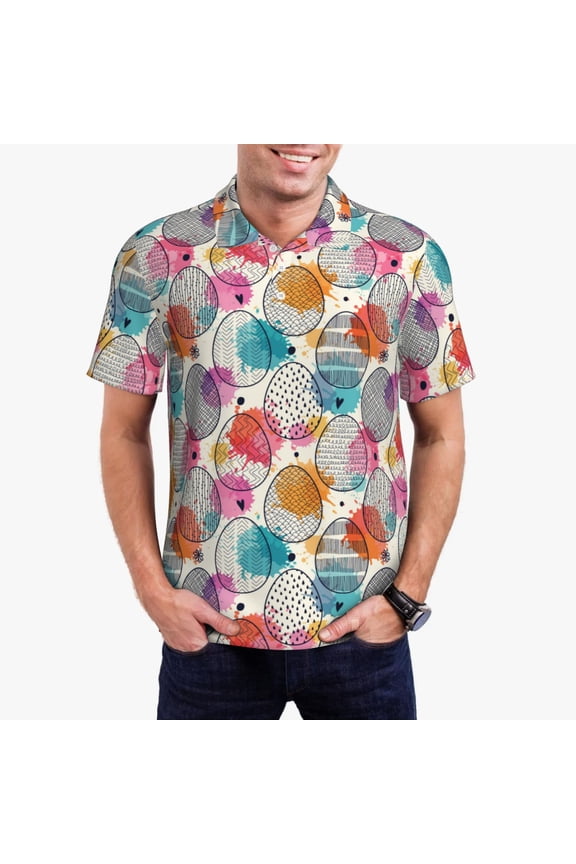 Easter Egg Print Mens Polo Shirts,Mens Golf Polo Shirts,Short Sleeve Casual Polo Shirts for Men,Summer Fashion Beach Shirts-Medium