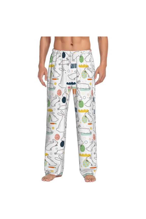 Easter Rabbit Print Pajama Pants for Men,Men’s Pajama Bottoms,Mens PJ Pants with Pockets & Button Fly-Large