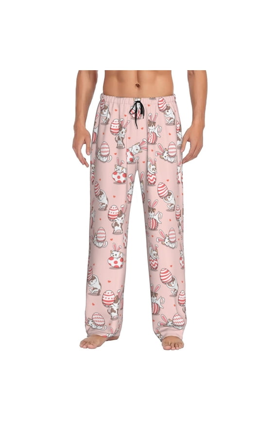 Easter Rabbit Print Pajama Pants for Men,Men’s Pajama Bottoms,Mens PJ Pants with Pockets & Button Fly-Small