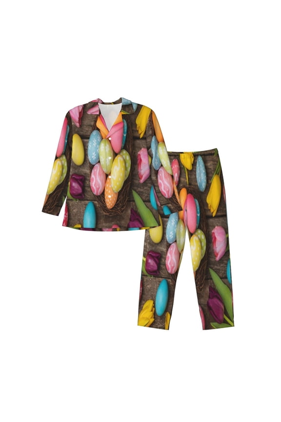 Easter eggs Print Mens Long Sleeve Pajama Set,Notched Collar Pajamas for Men, Men's Sleepwear,Mens Sleepwear with Pockets & Button Down-Medium