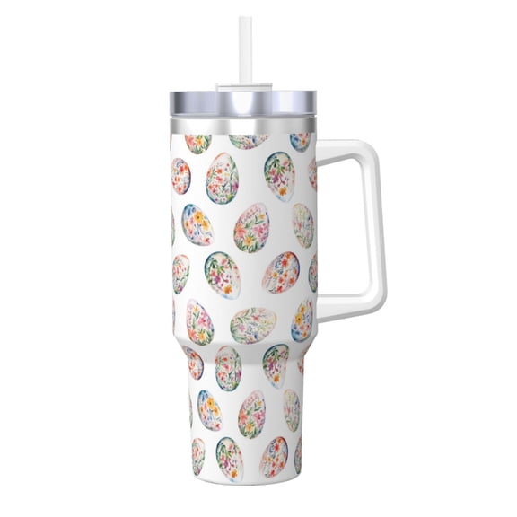 Logiee Easter eggs with flowers Print 40OZ Ice Bully Cup with Handle and Straw, Double Wall Stainless Steel Tumbler,Travel Coffee Cup with Lid, Summer Insulation and Cooling Cup