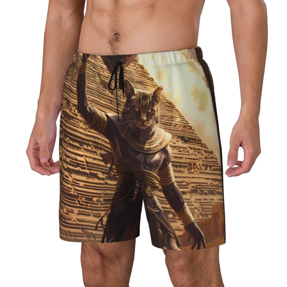 Logiee Egyptian Cat Pharaoh Magic Print Men's Swim Trunk,Quick Dry Board Shorts ,Men's Swim Trunks with Compression Liner, Bathing Suits with Pockets-XX-Large