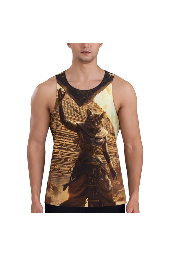 Egyptian Cat Pharaoh Magic Print Men's Workout Tank Top,Quick Dry Workout Tank Top,Gym Muscle Tee,Fitness Bodybuilding Sleeveless T Shirt-Large