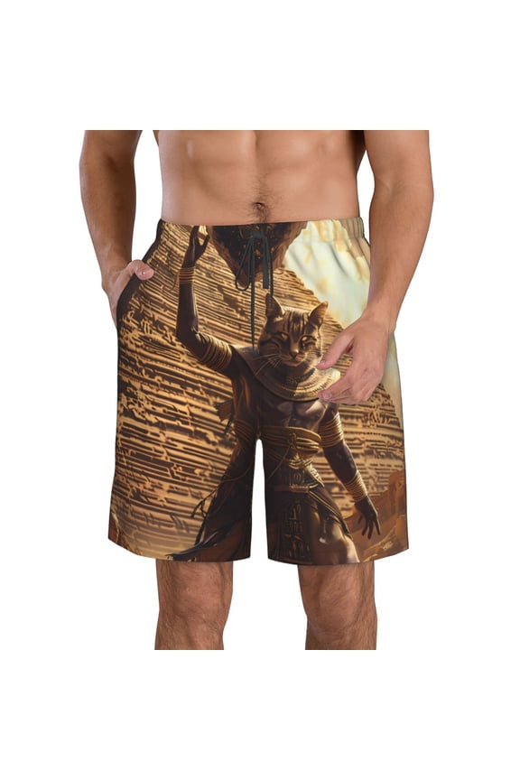 Egyptian Cat Pharaoh Magic Print Mens Swim Trunks Quick Dry Board Shorts,Breathable Hawaii Beach Shorts Swimwear Bathing Suits-Small