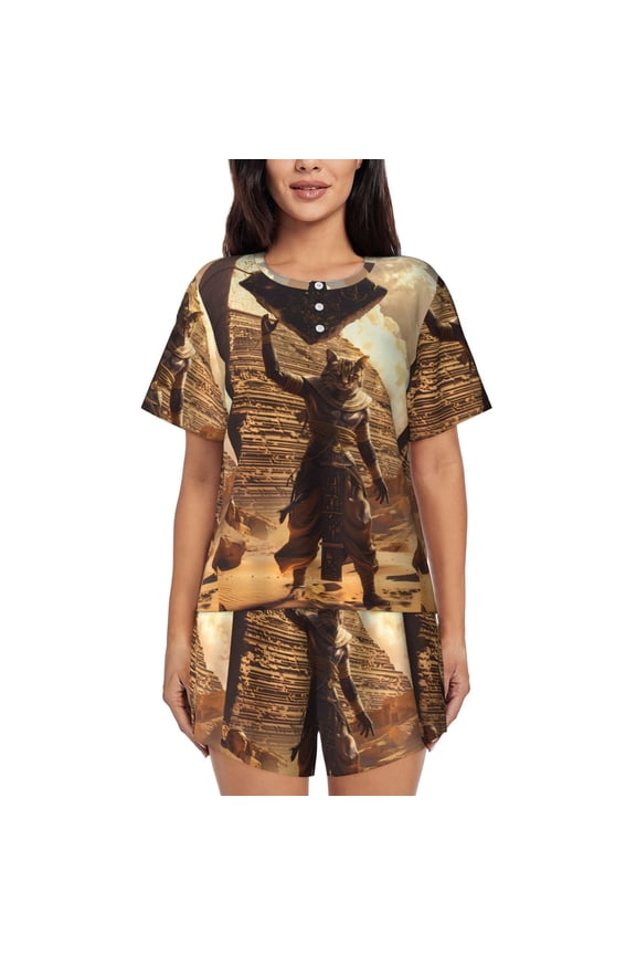 Egyptian Cat Pharaoh Magic Print Womens Pajamas Set,Short-Sleeve Pajama 2 Piece Sleepwear with Pockets-XX-Large