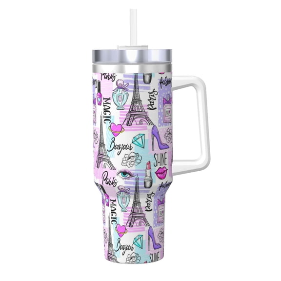 Logiee Eiffel Tower and Hearts Print 40OZ Ice Bully Cup with Handle and Straw, Double Wall Stainless Steel Tumbler,Travel Coffee Cup with Lid, Summer Insulation and Cooling Cup