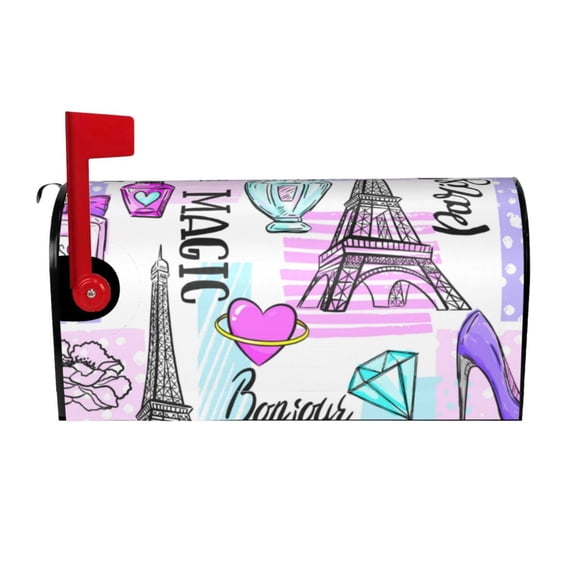 Logiee Eiffel Tower and Hearts Print Post Letter Box Wrap Decor, Mailbox Cover Suitable for Standard Mailbox and Large Size Mailbox,Outdoor Yard Decoration-25.5x21 in