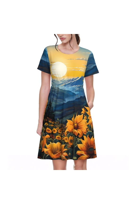 Elegant Sunset Sunflower Print Womens Summer Dress,Casual Short Sleeve Sundresses,Beach A-line Shift Dress with Pockets