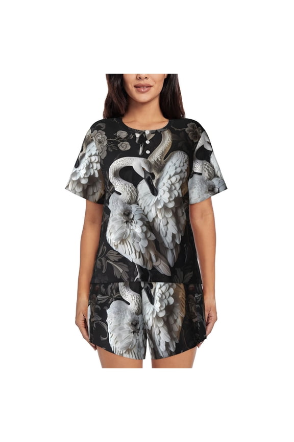 Elegant Swans Black Background Print Womens Pajamas Set,Short-Sleeve Pajama 2 Piece Sleepwear with Pockets-XX-Large