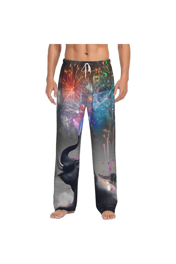 Elephant Fireworks Celebration Print Pajama Pants for Men,Men’s Pajama Bottoms,Mens PJ Pants with Pockets & Button Fly-3X-Large