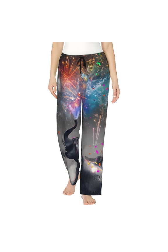 Elephant Fireworks Celebration Print Women Pajama Pants,Comfy Pj Bottom with Pockets & Drawstring,Stretch Casual Sleepwear-Large