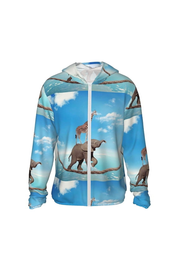 Elephant Giraffe Print Men's Women Light Jacket Full Zip Sun Protection Hoodie Long Sleeve Sun Shirts for Men Hiking Fishing Zip Pockets-3X-Large