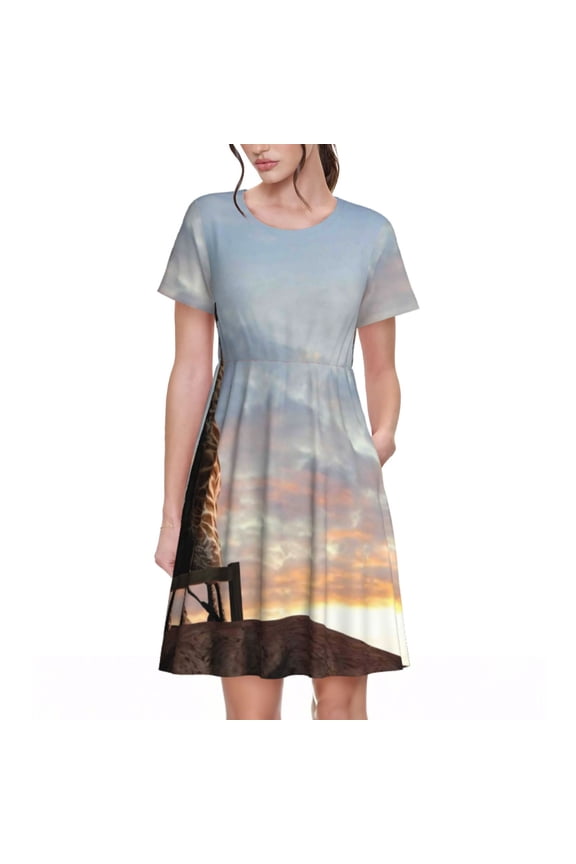 Elephant Giraffe Print Womens Summer Dress,Casual Short Sleeve Sundresses,Beach A-line Shift Dress with Pockets