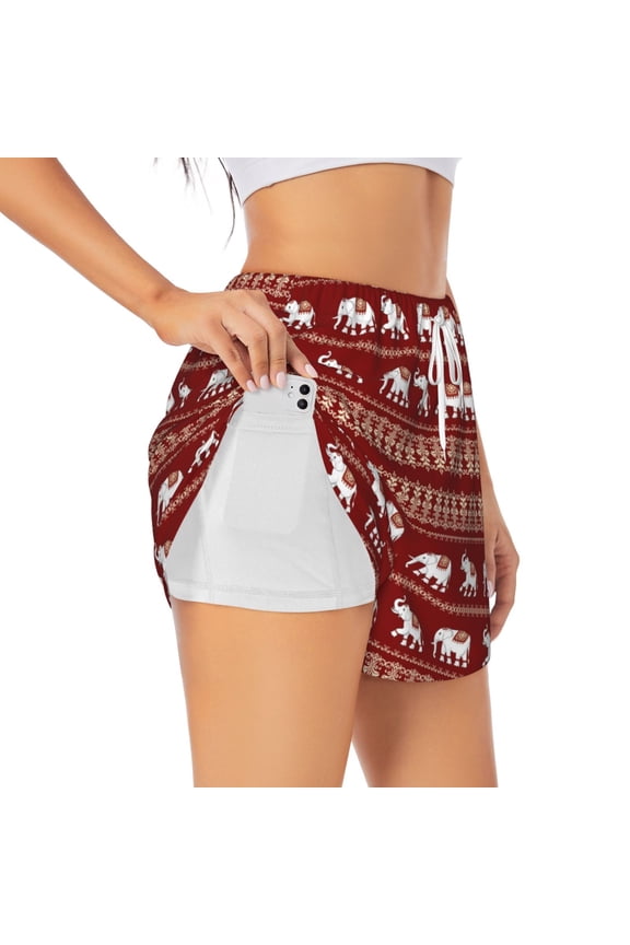 Elephant Print Women 2 in 1 Running Shorts,High Waisted Athletic Shorts,Gym Workout Shorts with Liner Pockets-Small