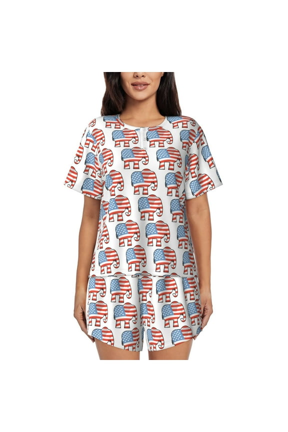 Elephant Print Womens Pajamas Set,Short-Sleeve Pajama 2 Piece Sleepwear with Pockets-Large