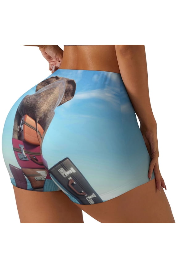 Elephant Sits Print Women's Biker Shorts,Workout Gym Shorts,Scrunch Shorts,Tummy Control Hidden Scrunch Running Yoga Shorts-Small