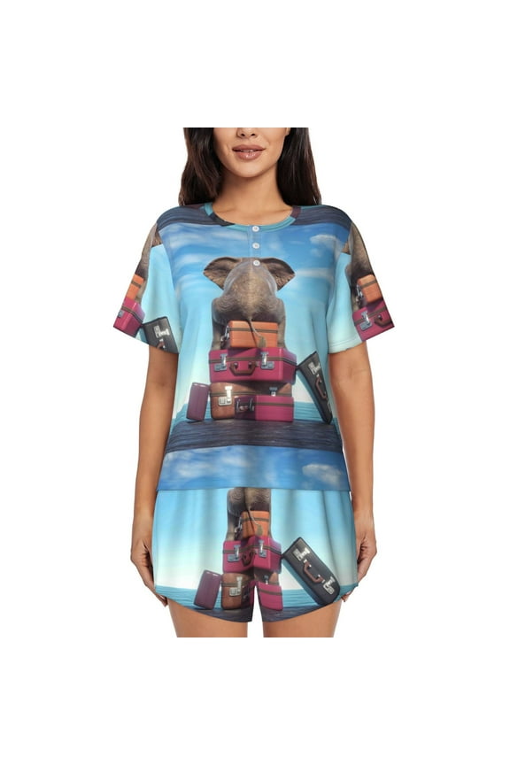 Elephant Sits Print Womens Pajamas Set,Short-Sleeve Pajama 2 Piece Sleepwear with Pockets-Medium