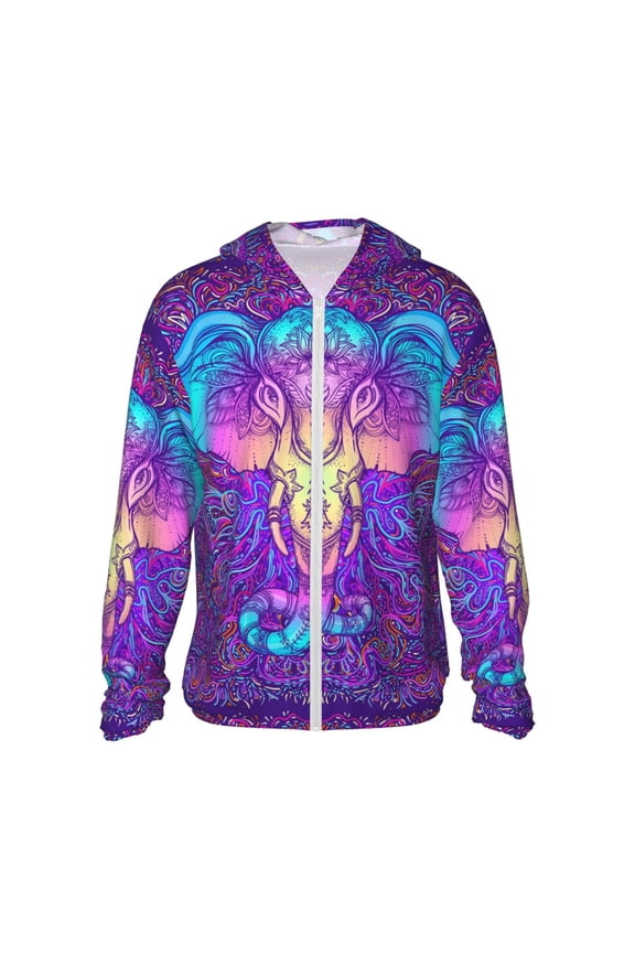 Elephant in Tribal Style Print Men's Women Light Jacket Full Zip Sun Protection Hoodie Long Sleeve Sun Shirts for Men Hiking Fishing Zip Pockets-3X-Large