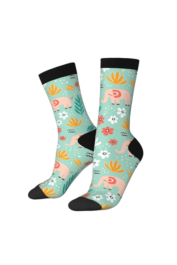 Elephant and Flowers Print Adult Socks for Men & Women,Calf Socks, Ankle Socks,Boots Socks,Breathable Casual Sock,Unisex Crew Socks