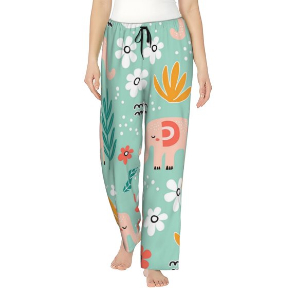 Logiee Elephant and Flowers Print Women Pajama Pants,Comfy Pj Bottom with Pockets & Drawstring,Stretch Casual Sleepwear-Small