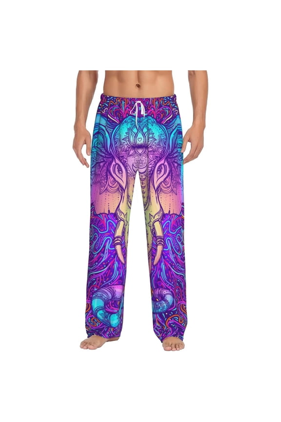 Elephant in Tribal Style Print Pajama Pants for Men,Men’s Pajama Bottoms,Mens PJ Pants with Pockets & Button Fly-Large