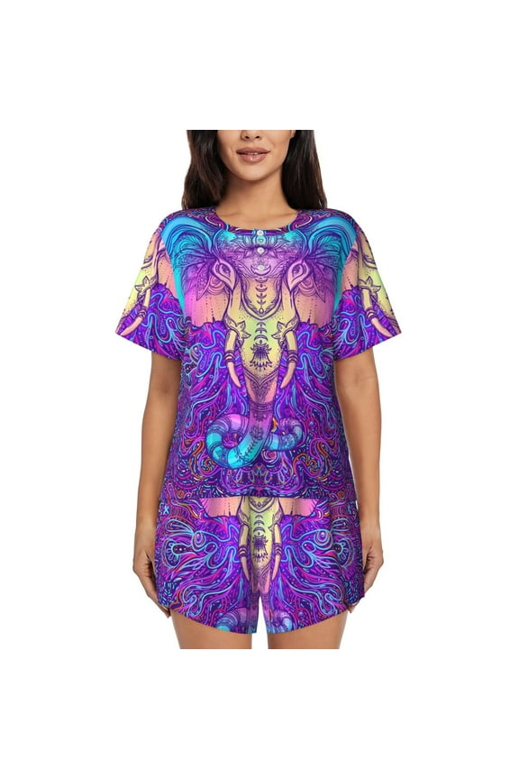 Elephant in Tribal Style Print Womens Pajamas Set,Short-Sleeve Pajama 2 Piece Sleepwear with Pockets-Small