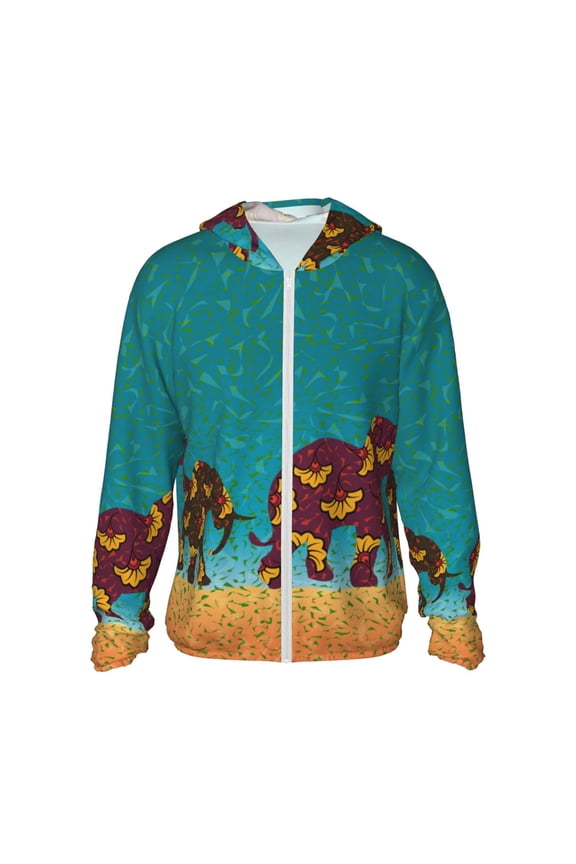 Elephants Print Men's Women Light Jacket Full Zip Sun Protection Hoodie Long Sleeve Sun Shirts for Men Hiking Fishing Zip Pockets-