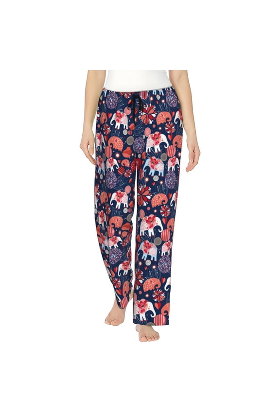 Elephants Print Women Pajama Pants,Comfy Pj Bottom with Pockets & Drawstring,Stretch Casual Sleepwear-Medium