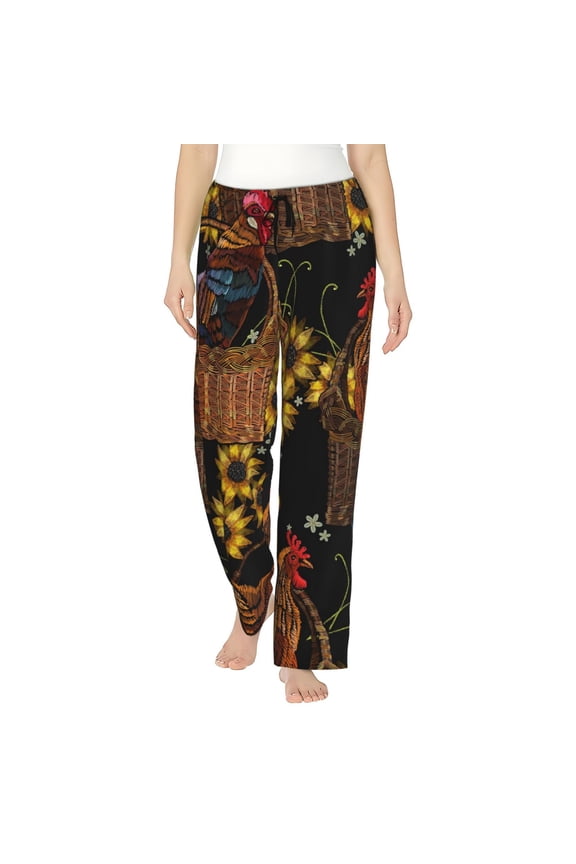 Embroidery Chicken Rooster Print Women Pajama Pants,Comfy Pj Bottom with Pockets & Drawstring,Stretch Casual Sleepwear-X-Large