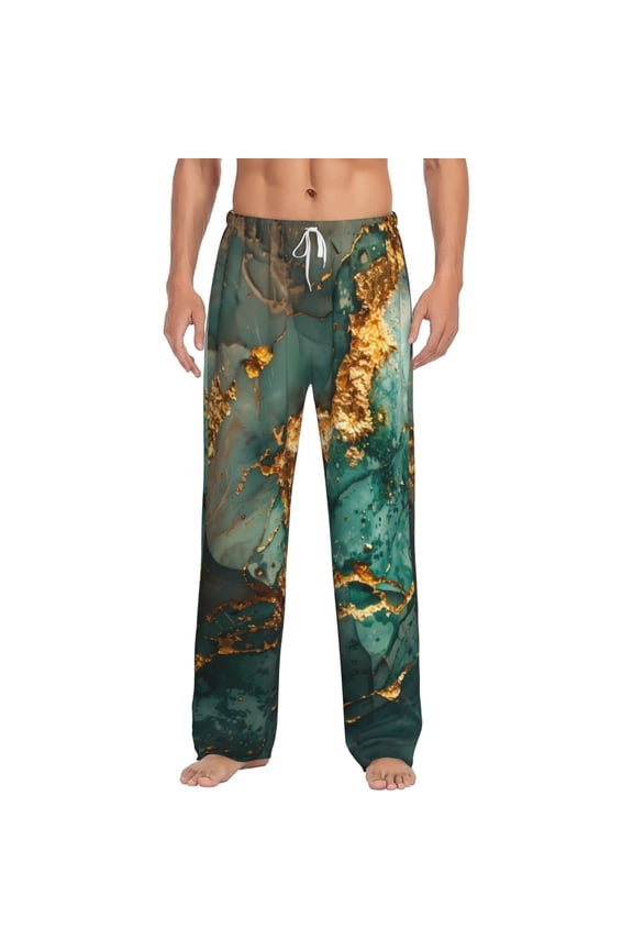 Emerald Color Gold Marble Print Pajama Pants for Men,Men’s Pajama Bottoms,Mens PJ Pants with Pockets & Button Fly-Medium