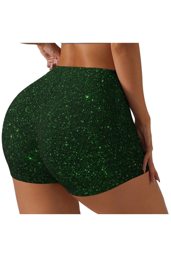 Emerald Green Sparkling Print Women's Biker Shorts,Workout Gym Shorts,Scrunch Shorts,Tummy Control Hidden Scrunch Running Yoga Shorts-Large