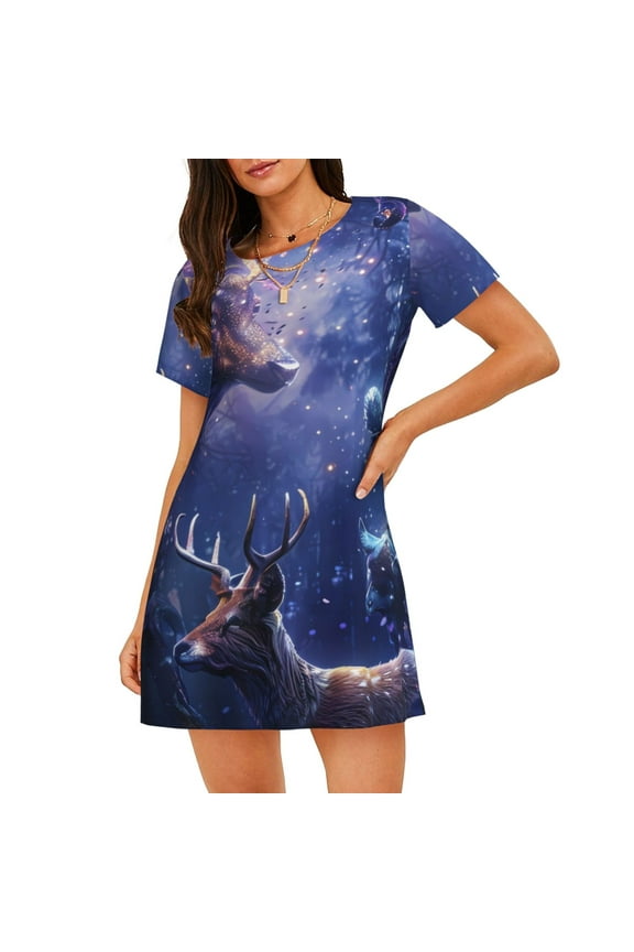 Enchanted Forest Stag Gathering Print Nightgowns for Women,Soft Short-Sleeved Lightweight Sleepwear, Loose Sleepshirts