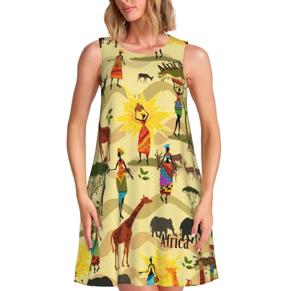 Logiee Ethnic African Print Summer Dresses for Women,Beach Sleeveless Flowy Pocket Tshirt Tank Sundresses,Women's Sleeveless Dress