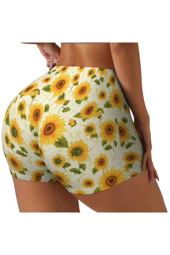 European-style Pattern Sunflower Print Women's Biker Shorts,Workout Gym Shorts,Scrunch Shorts,Tummy Control Hidden Scrunch Running Yoga Shorts-