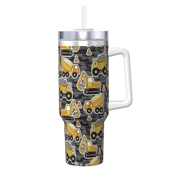 Logiee Excavator At Work Print 40OZ Ice Bully Cup with Handle and Straw, Double Wall Stainless Steel Tumbler,Travel Coffee Cup with Lid, Summer Insulation and Cooling Cup