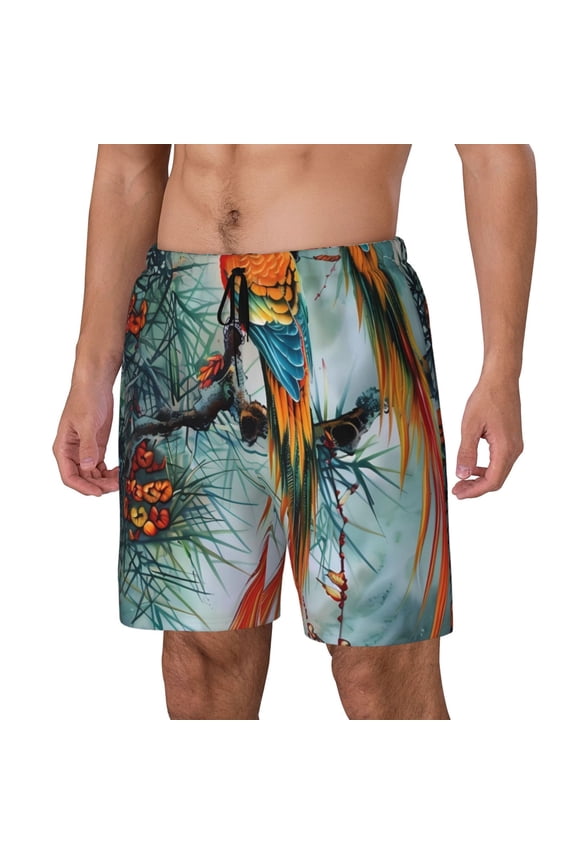 Exotic Birds Forest Print Men's Swim Trunk,Quick Dry Board Shorts ,Men's Swim Trunks with Compression Liner, Bathing Suits with Pockets-Medium
