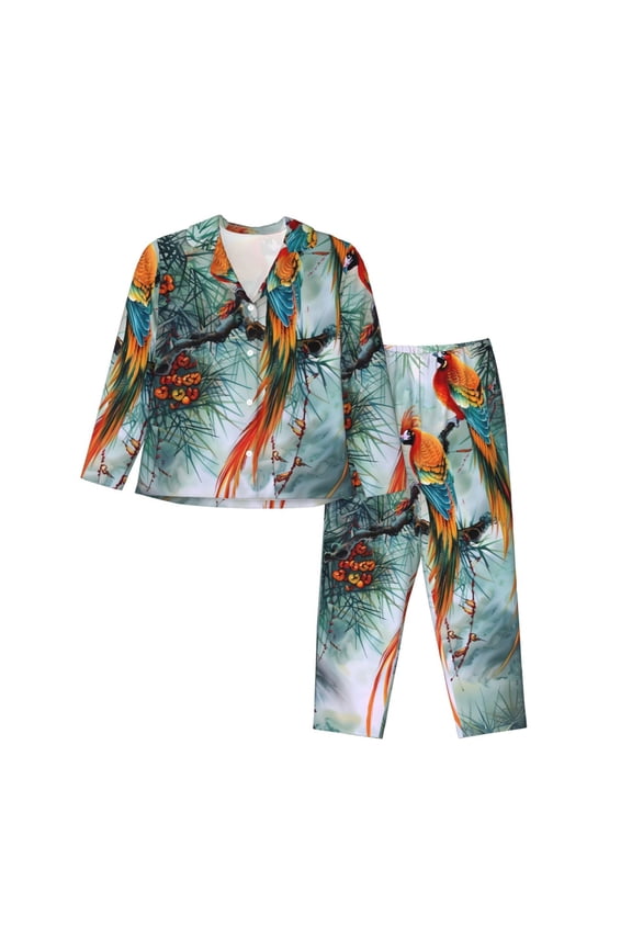 Exotic Birds Forest Print Womens Pajamas Set,Long Sleeve Sleepwear,Button Down Lounge Set 2 Pieces,Soft Nightwear Pjs Set-XX-Large
