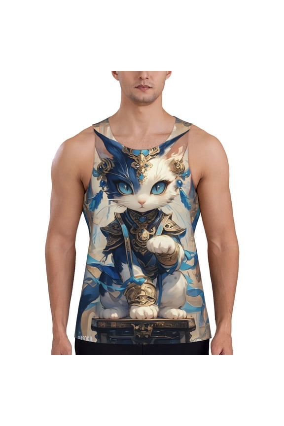 Exotic Blue Cat Print Men's Workout Tank Top,Quick Dry Workout Tank Top,Gym Muscle Tee,Fitness Bodybuilding Sleeveless T Shirt-Medium