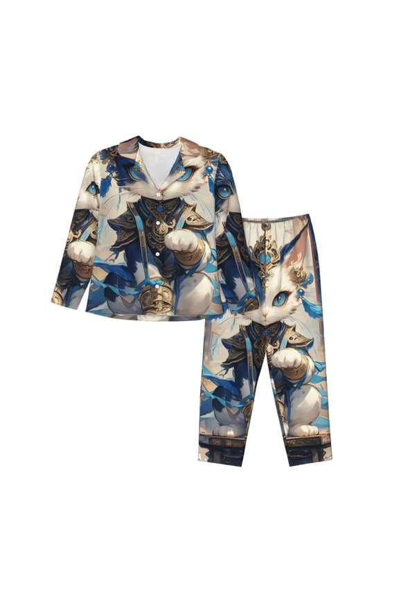 Exotic Blue Cat Print Womens Pajamas Set,Long Sleeve Sleepwear,Button Down Lounge Set 2 Pieces,Soft Nightwear Pjs Set-Medium