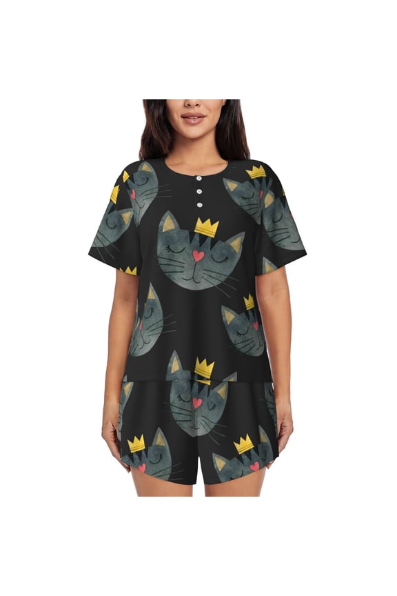 Faces Of The Cat Print Womens Pajamas Set,Short-Sleeve Pajama 2 Piece Sleepwear with Pockets-Small