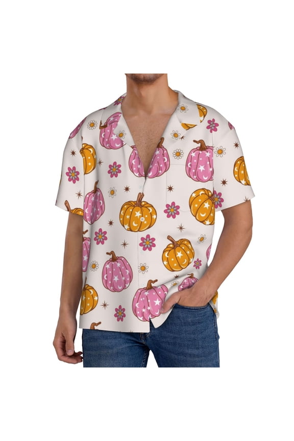 Fall 70s Groovy Hippie 1 Print Men's Button Down Shirts Short Sleeve, Summer Beach Shirts,Vacation Wedding Shirts,Men's Casual Button-Down Shirts with Pocket-Small