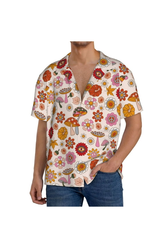 Fall 70s Groovy Hippie Print Men's Button Down Shirts Short Sleeve, Summer Beach Shirts,Vacation Wedding Shirts,Men's Casual Button-Down Shirts with Pocket-Small