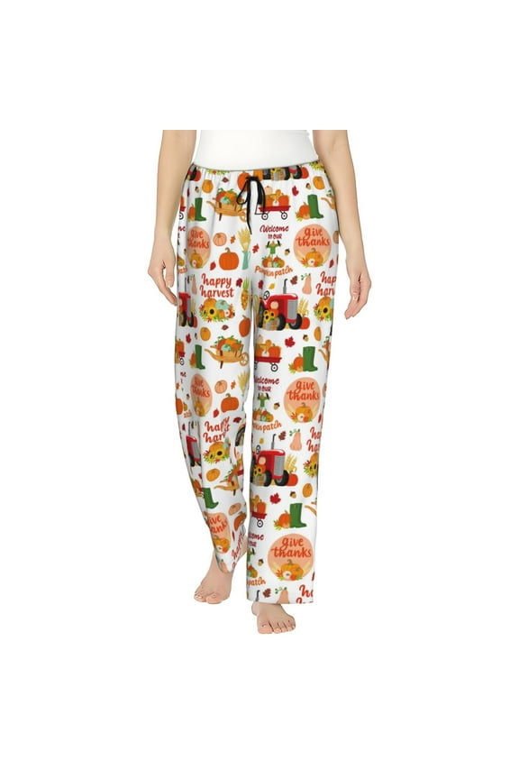 Fall Farm Pumpkin Print Women Pajama Pants,Comfy Pj Bottom with Pockets & Drawstring,Stretch Casual Sleepwear-Large