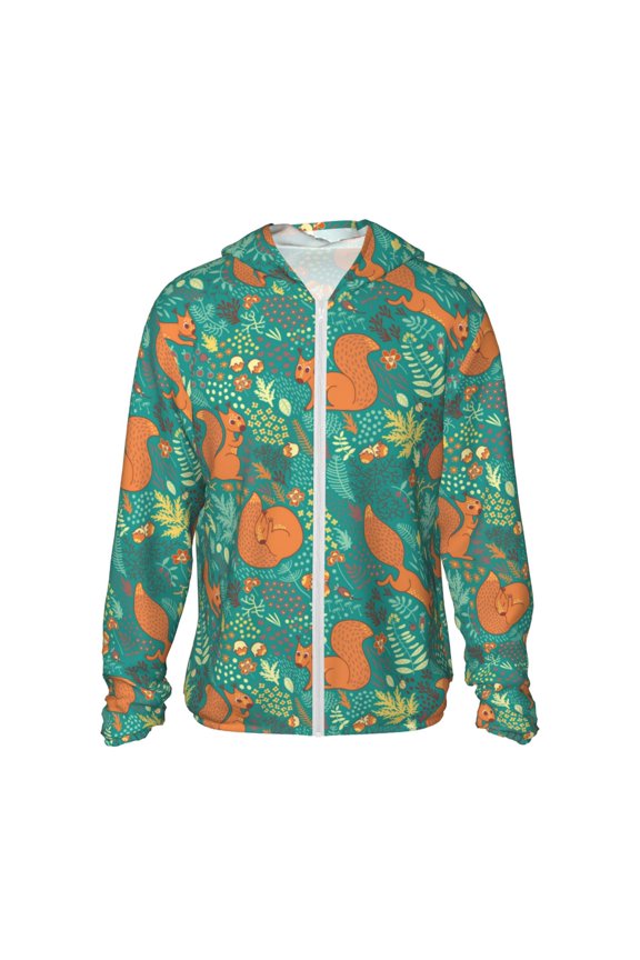 Fall Forest Squirrel Print Men's Women Light Jacket Full Zip Sun Protection Hoodie Long Sleeve Sun Shirts for Men Hiking Fishing Zip Pockets-