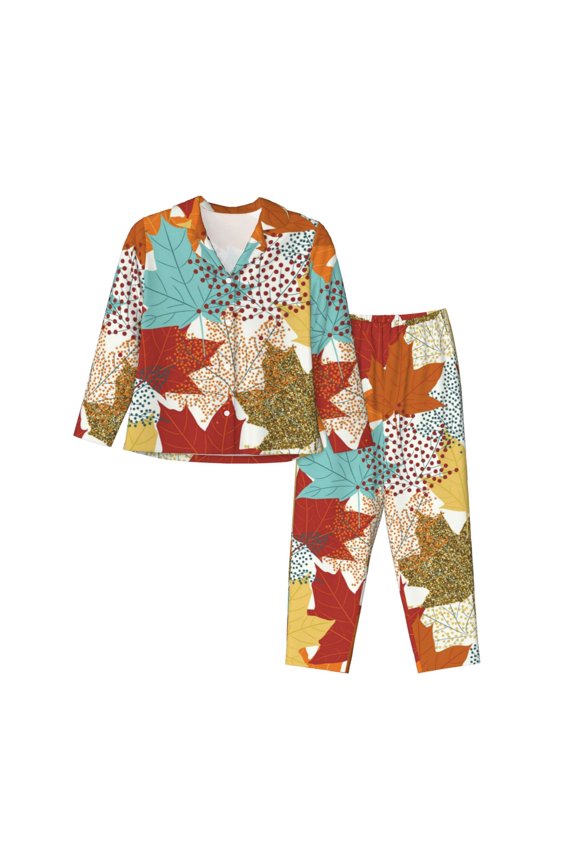 Fall Maple Leaves Print Womens Pajamas Set,Long Sleeve Sleepwear,Button Down Lounge Set 2 Pieces,Soft Nightwear Pjs Set-Medium
