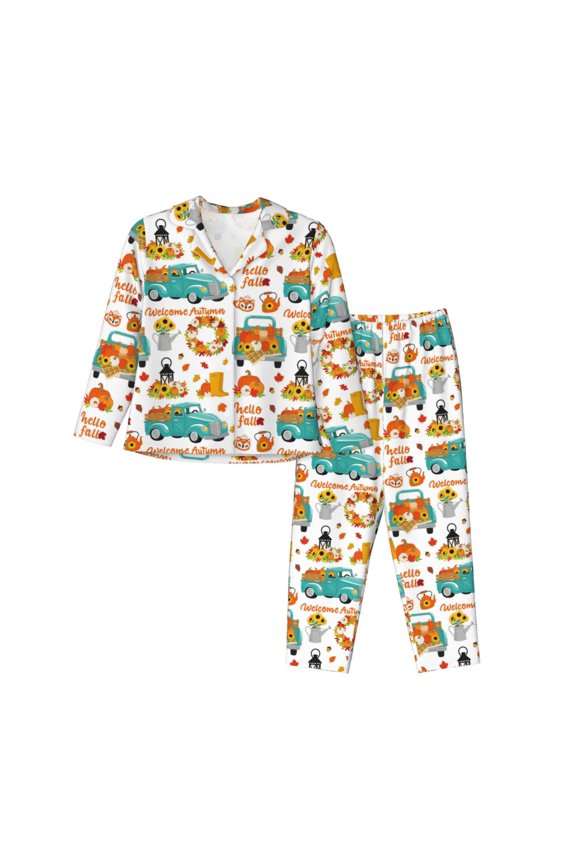 Fall Pumpkins And Sunflowers Print Womens Pajamas Set,Long Sleeve Sleepwear,Button Down Lounge Set 2 Pieces,Soft Nightwear Pjs Set-