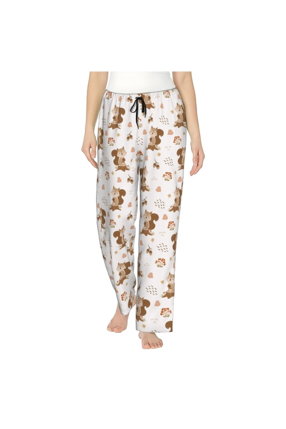 Fall Squirrel Print Women Pajama Pants,Comfy Pj Bottom with Pockets & Drawstring,Stretch Casual Sleepwear-Medium