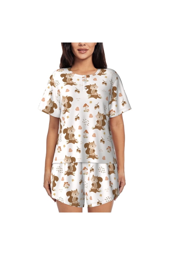 Fall Squirrel Print Womens Pajamas Set,Short-Sleeve Pajama 2 Piece Sleepwear with Pockets-Medium