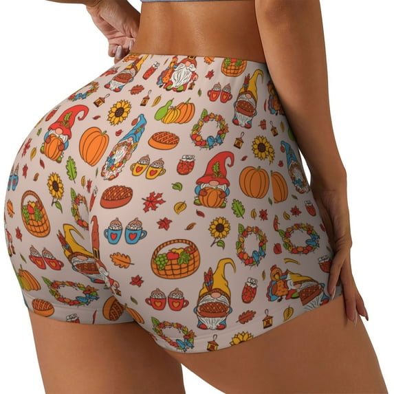 Logiee Fall Thanksgiving Print Women's Biker Shorts,Workout Gym Shorts,Scrunch Shorts,Tummy Control Hidden Scrunch Running Yoga Shorts-X-Large